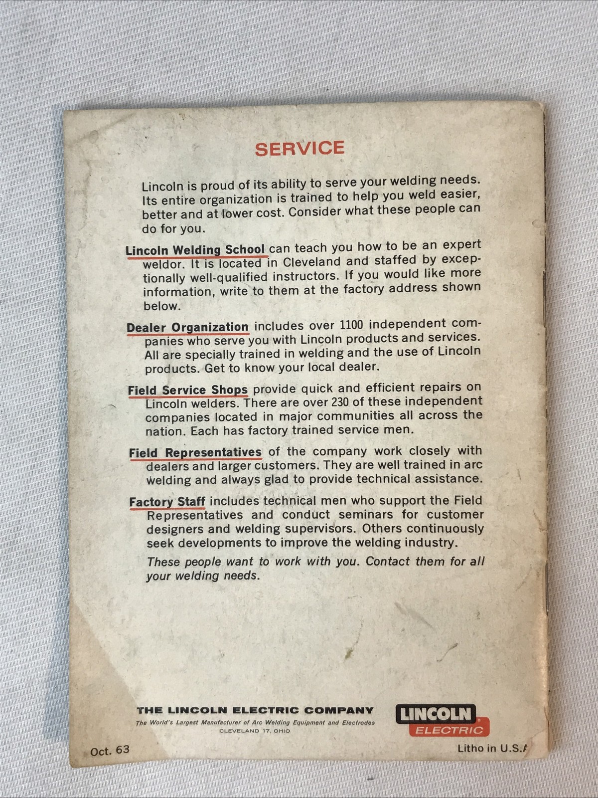 Lincoln Electric Co. Welding Weldor’s Guide October 1963 Booklet Catalog