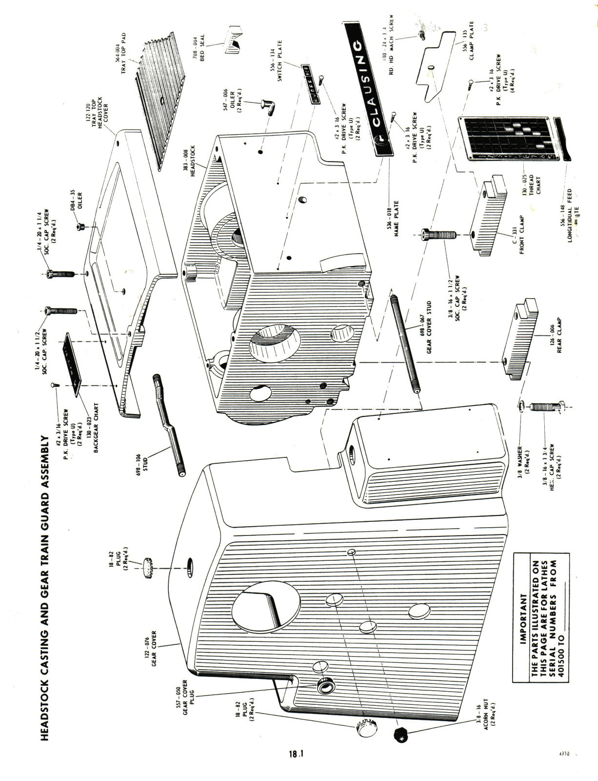 Clausing 10″ Lathe 4900 Series S/N: 403934-405509 Op and Parts List Manual #1462