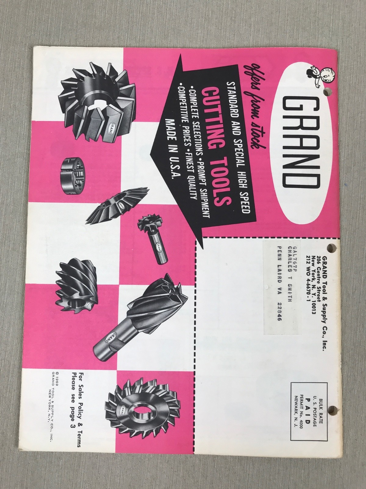 1969 GRAND TOOL & SUPPLY Co. Tool Catalog, C-190, New York, Vintage