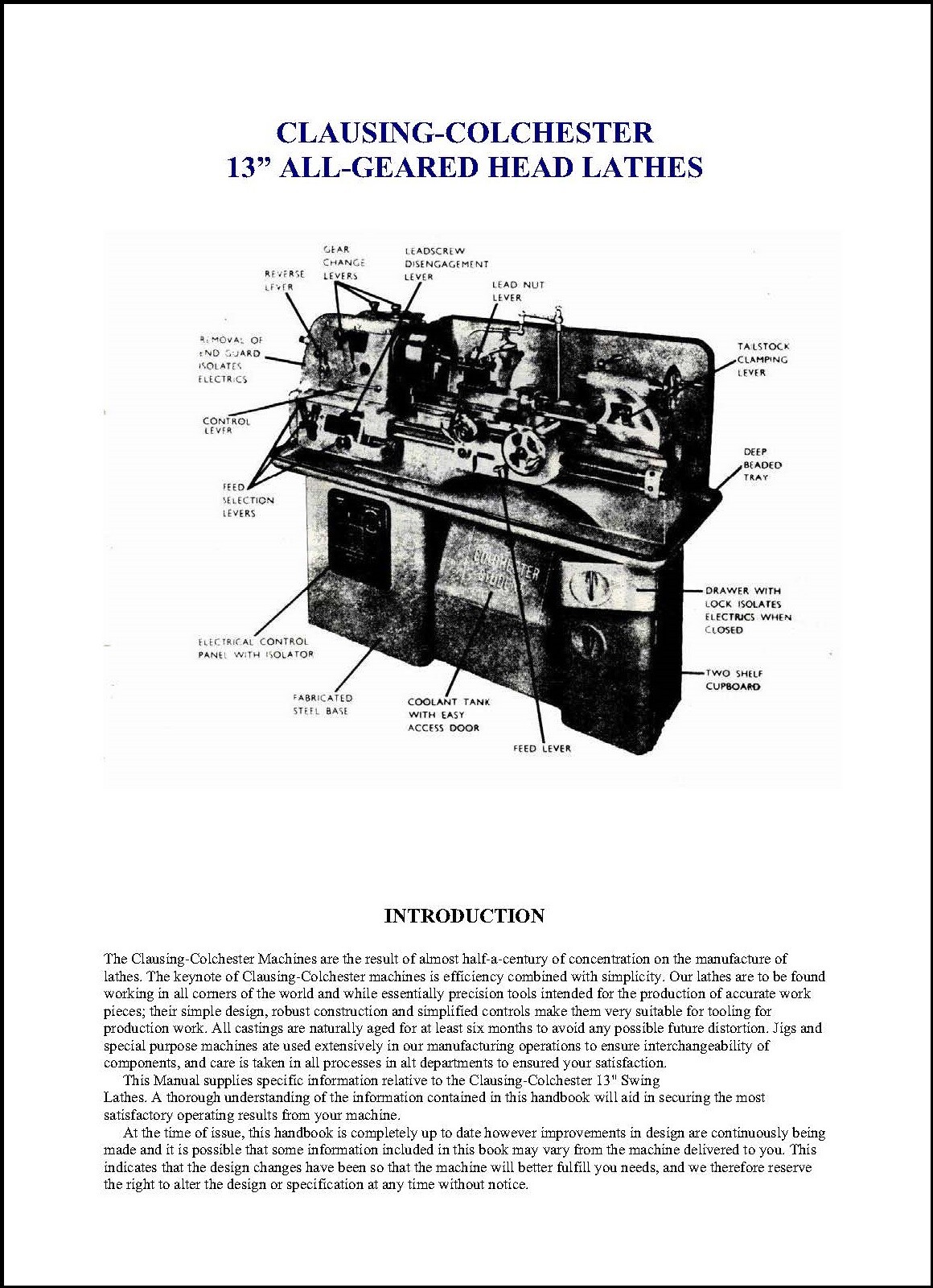 OPERATOR MANUAL FITS CLAUSING-COLCHESTER 13 INCH ALL-GEARED HEAD LATHES