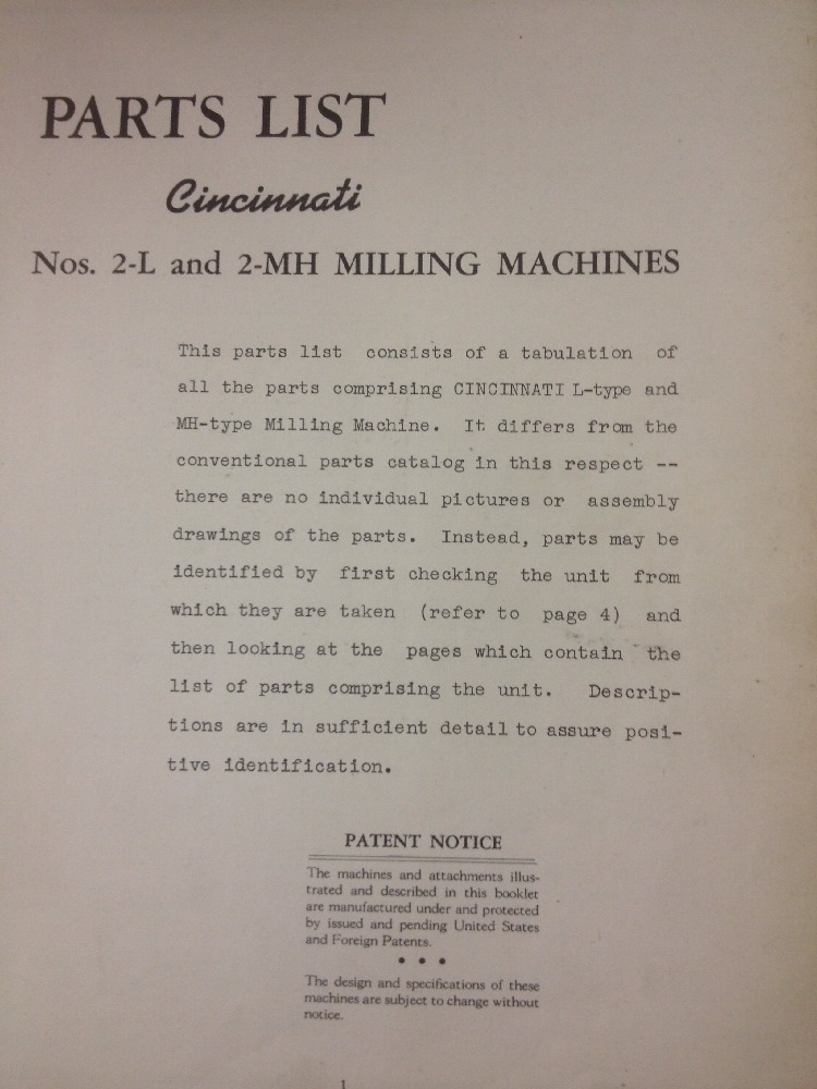Original : Cincinnati Parts List Catalog for Nos. 2L and 2MH Milling Machine