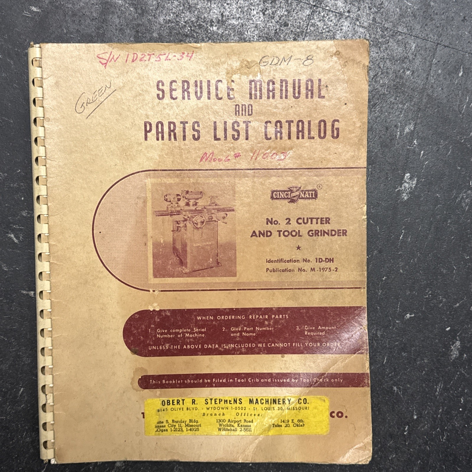 Cincinnati No. 2 Cutter & Tool Grinder Model LL Service & Parts Manual 1164