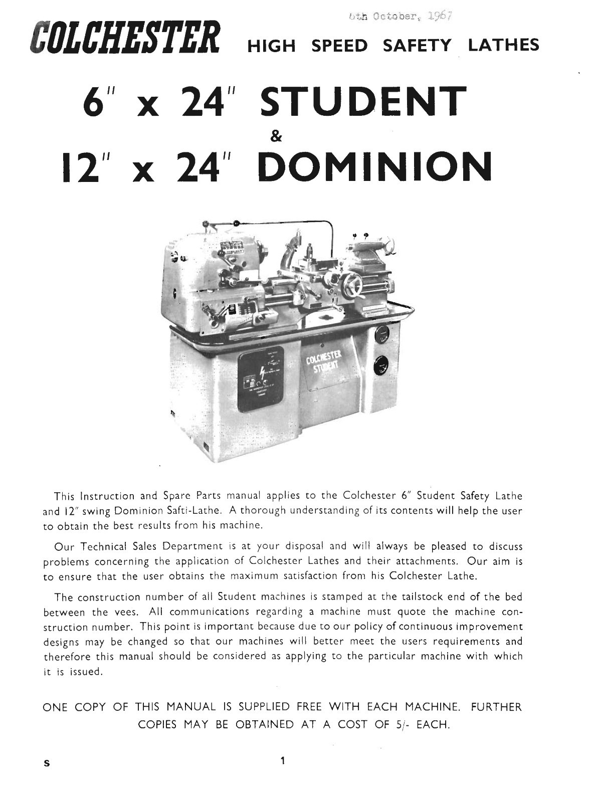 Colchester 6″ Student & 12″ Dominion Lathes Instruction & Parts List Manual *835