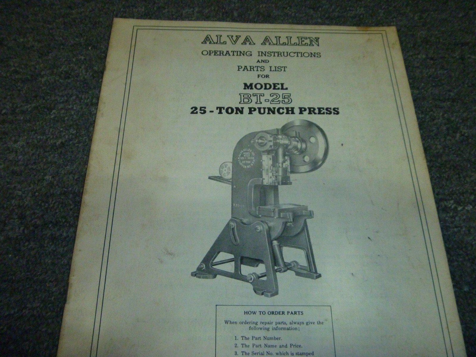 Alva Allen BT25 25-Ton Punch Press Parts Catalog & Operator Instruction Manual