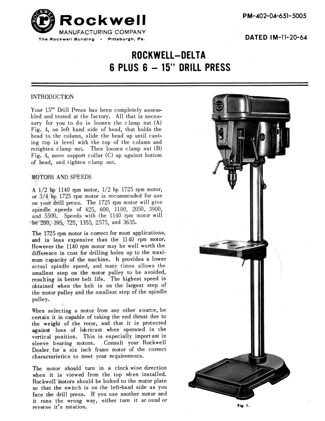 Rockwell Delta 6 + 6 Drill Press 15″ s/n up to 139-3001 Op & Parts Manual #1914