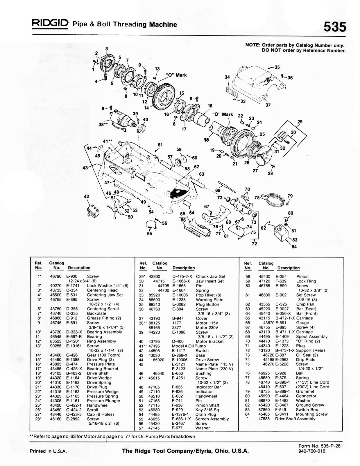 Rigid Model 535 Pipe & Bolt Threading Machine Operator & Parts List Manual #1826