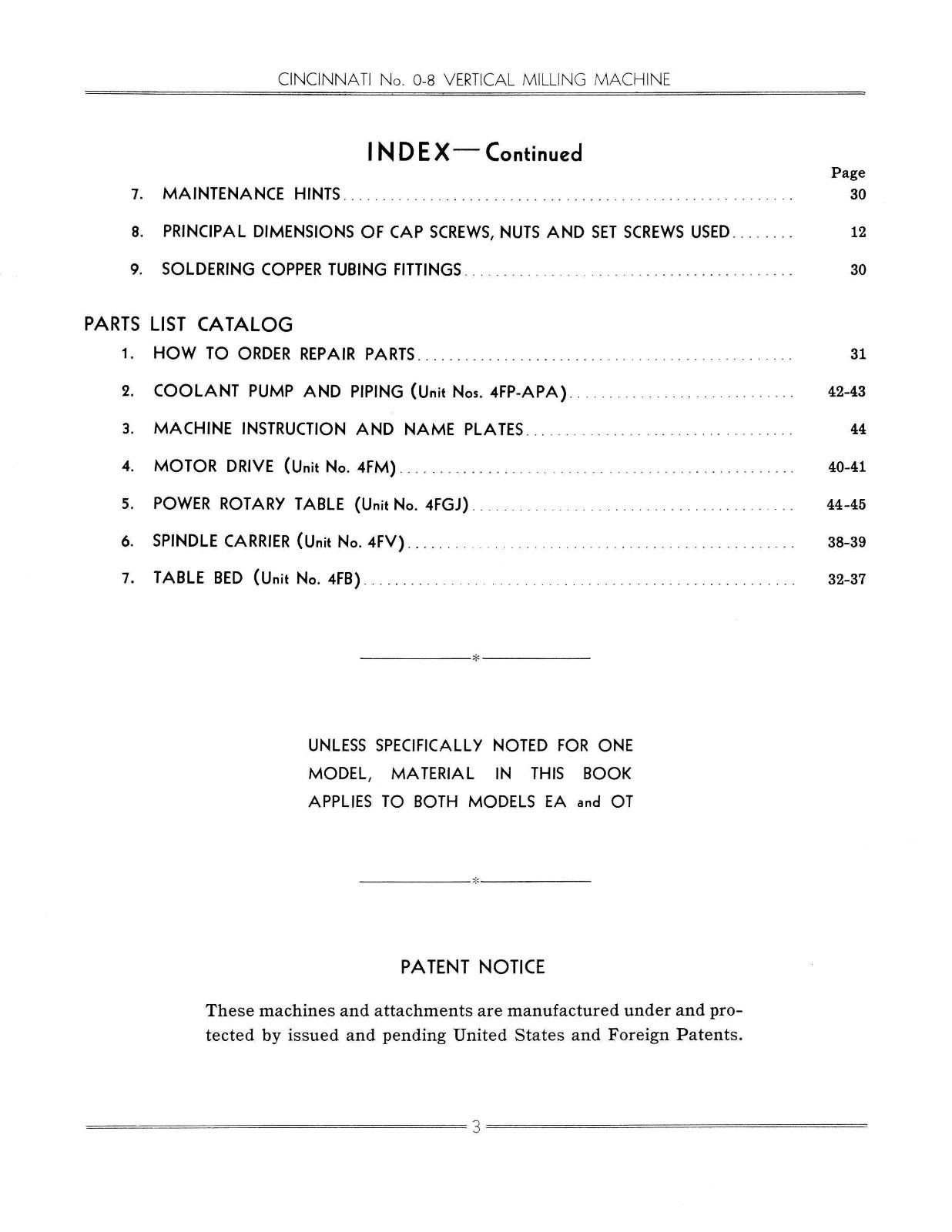 Cincinnati Milling Machine # 0-8 Models EA & OT Service Manual Parts List *823