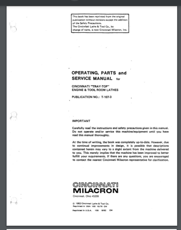 Cincinati Operating, Parts, and Service Manual for Tray-Top Lathe 80 pages 1952