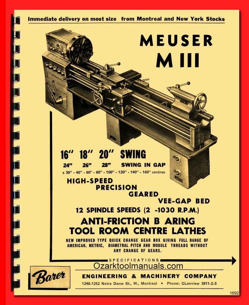 Meuser MIII 16″, 18″, 20″ Metal Lathes Operator Maintenance Wiring Manual 1692
