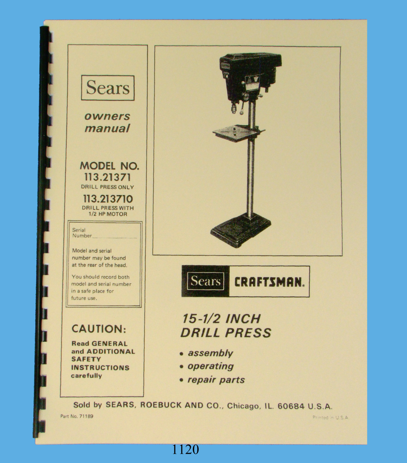 Sears Craftsman Drill Press 113.21371& 113.213710 Operation & Parts Manual #1120