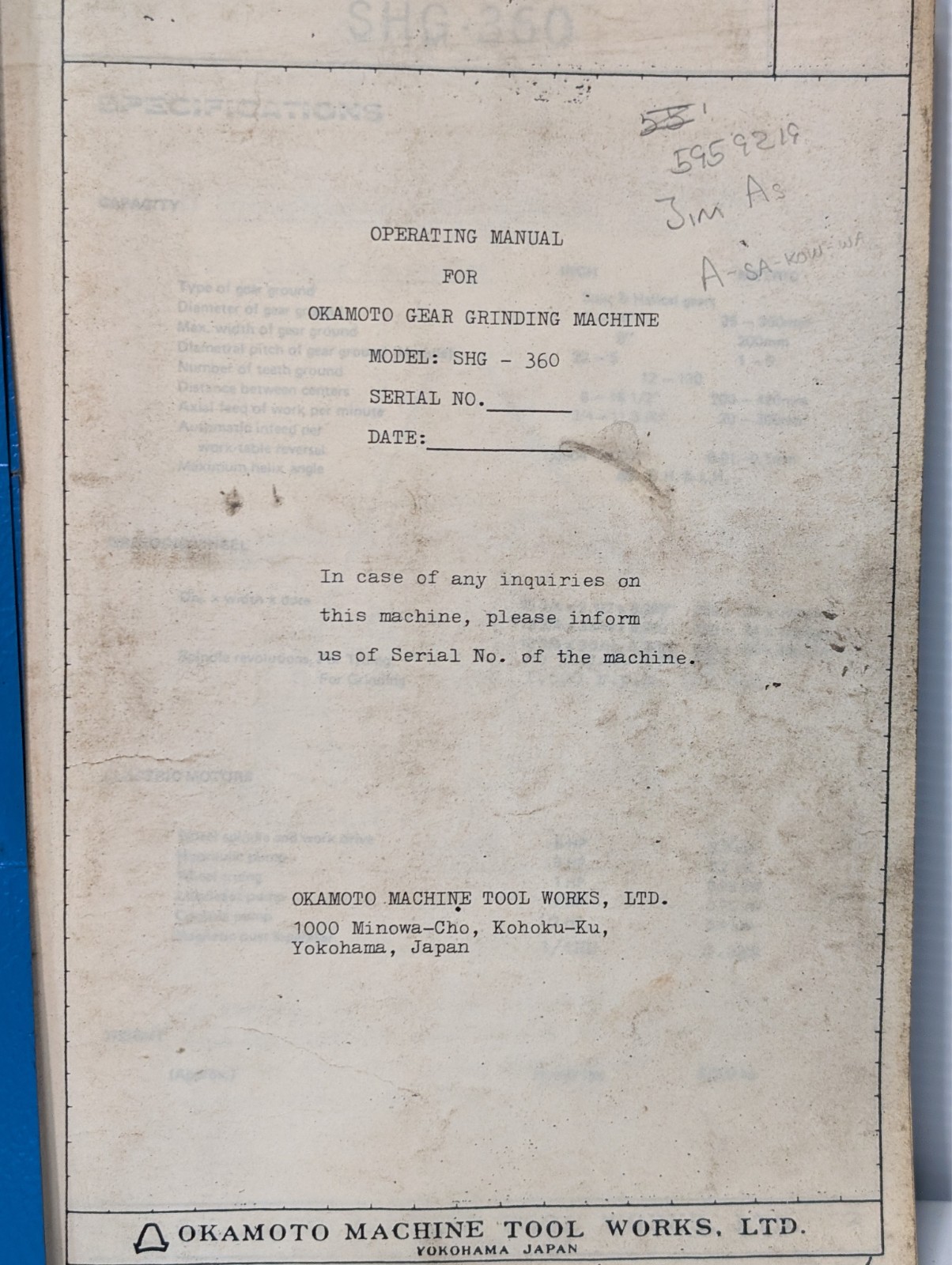 Okamoto SHG-360 Gear Grinding Machine Operating Manual, Free USA Ship