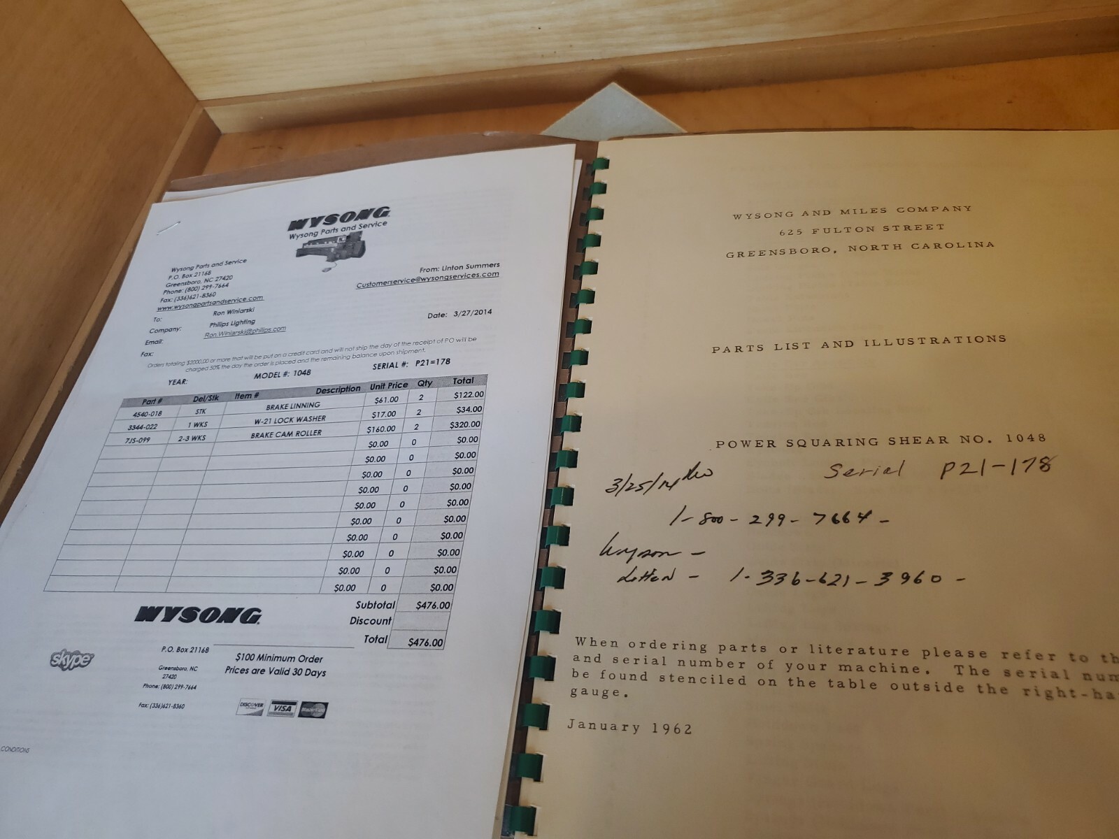 Book Wysong power Shear Parts List parts numbers *IN*STOCK* USA* READY TO SHIP