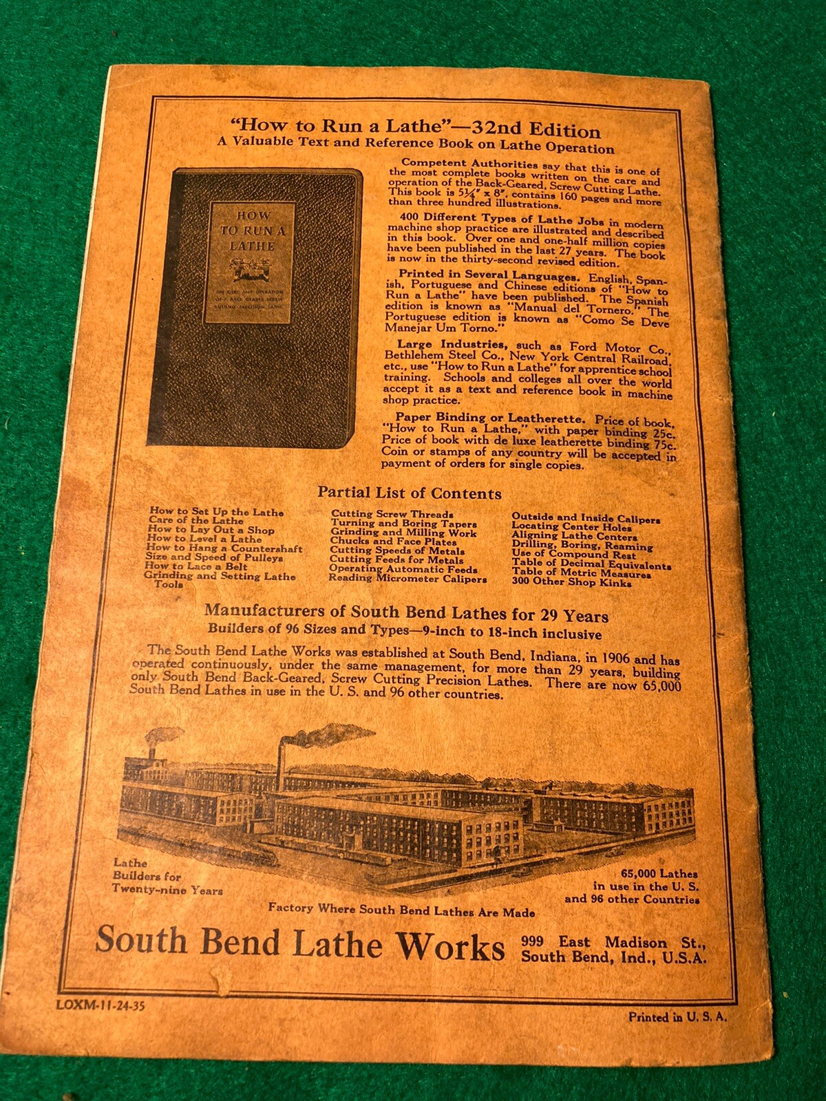 1935 South Bend No. 19-B Lathe Price List of Repair Parts Manual