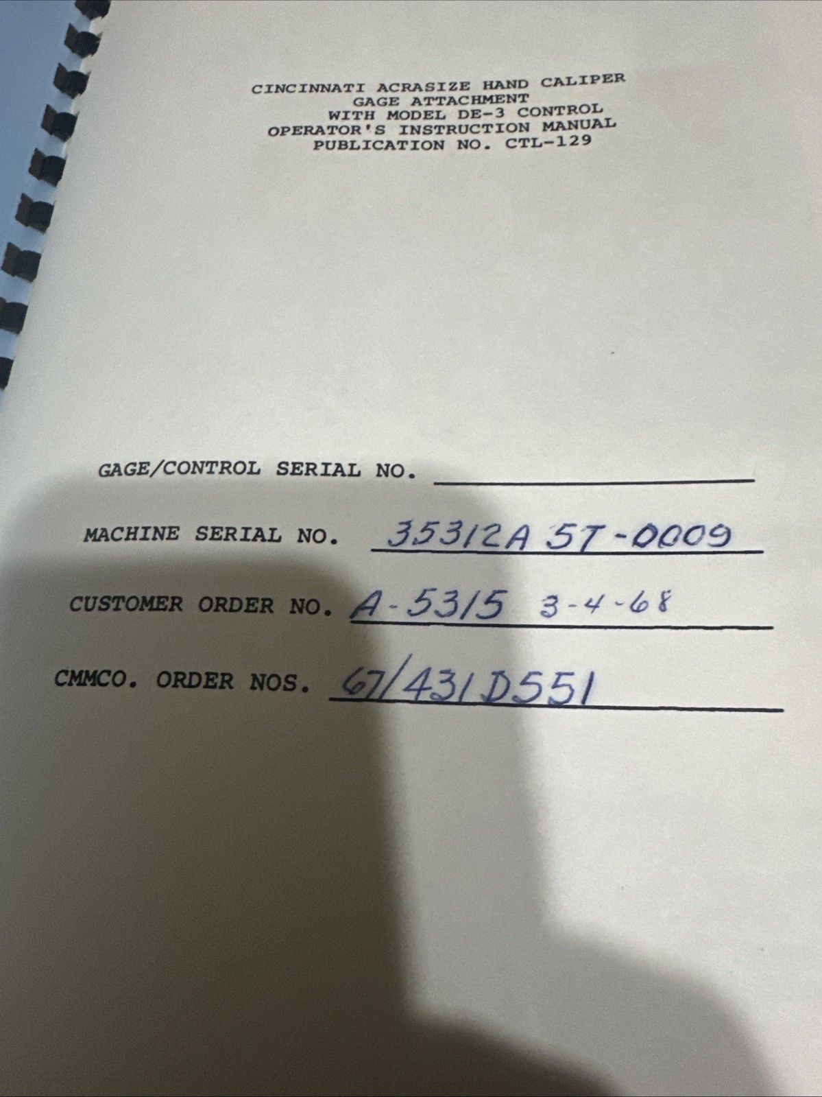 Cincinnati Abrasive Hand Caliper Gage Attachment Manual