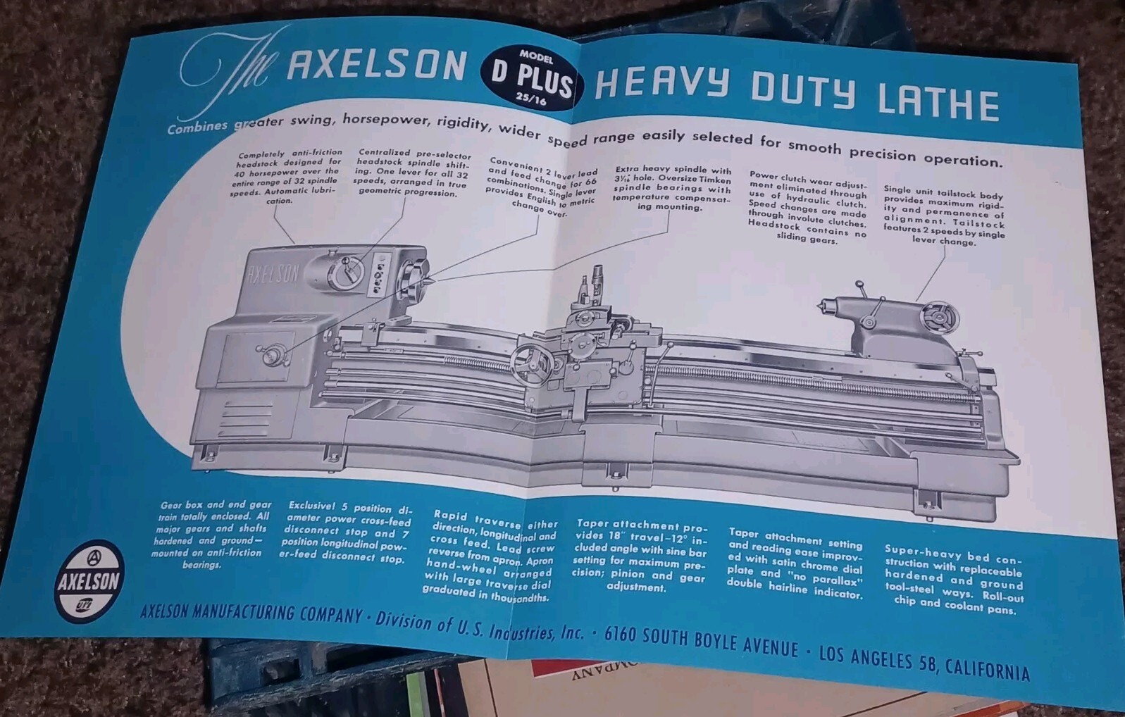 Axelson Manufacturing Comp Model D Plus 25/16 Heavy Duty Lathe CATALOG BOOKLET