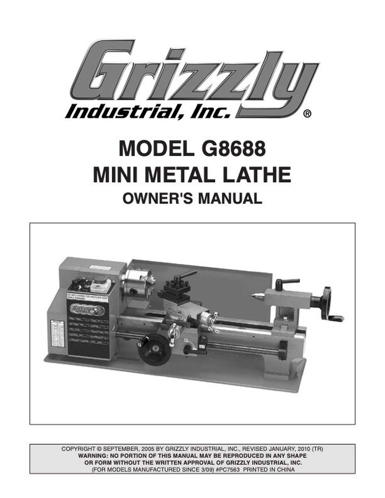 Owner’s Manual & Operating Instructions Grizzly Mini Metal Lathe – Model G8688