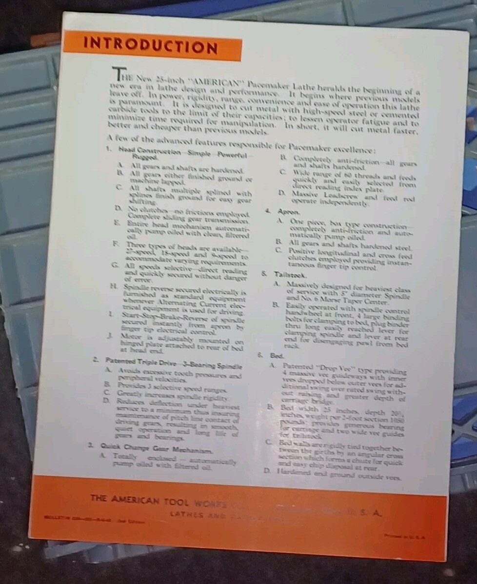 1940’s American Tool Works Co 20″ Pacemaker Lathe Bulletin 16-c Sales Catalog