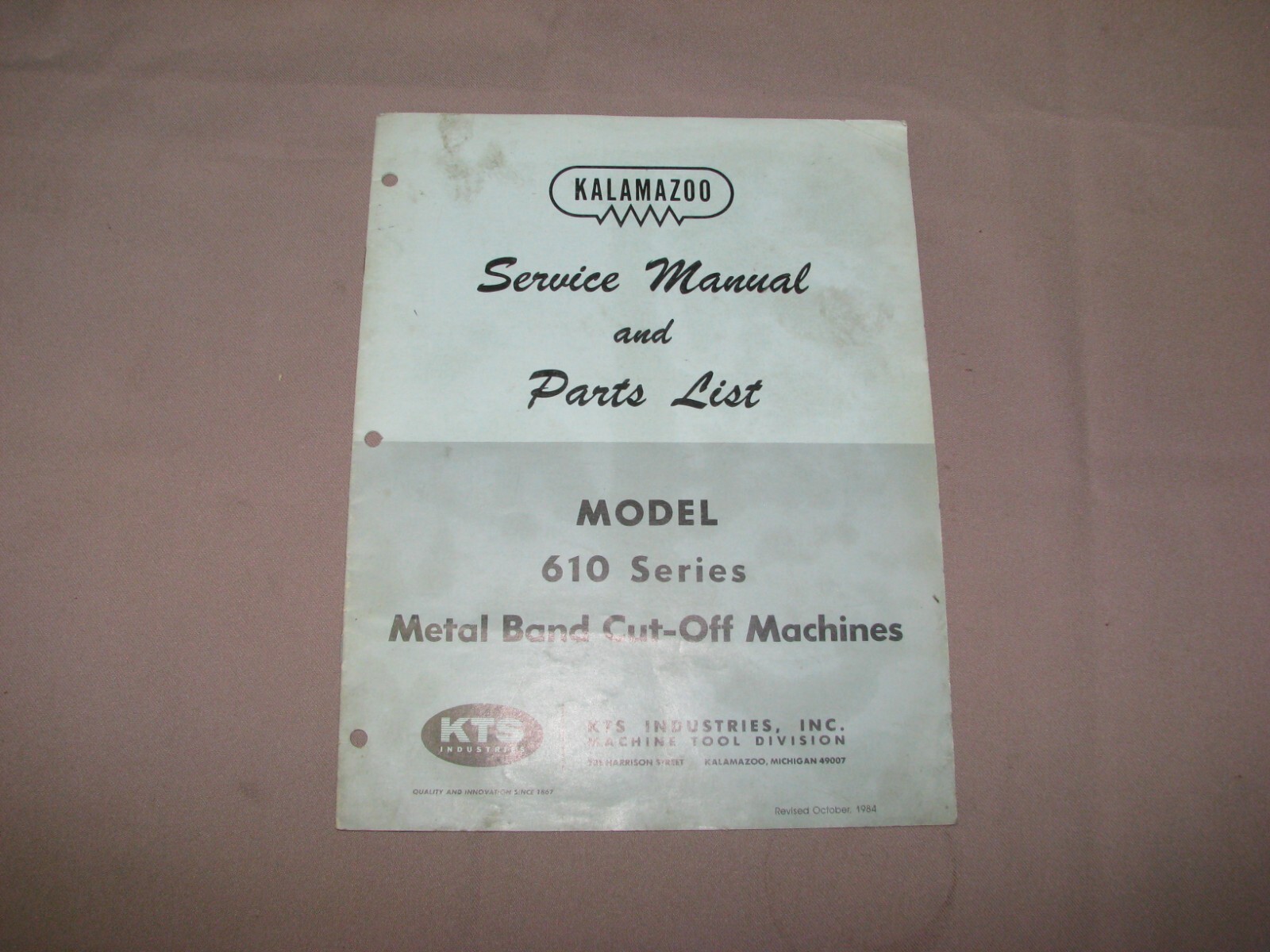 Service & Parts Manual Fits Kalamazoo Model 610 Horizontal Bandsaw