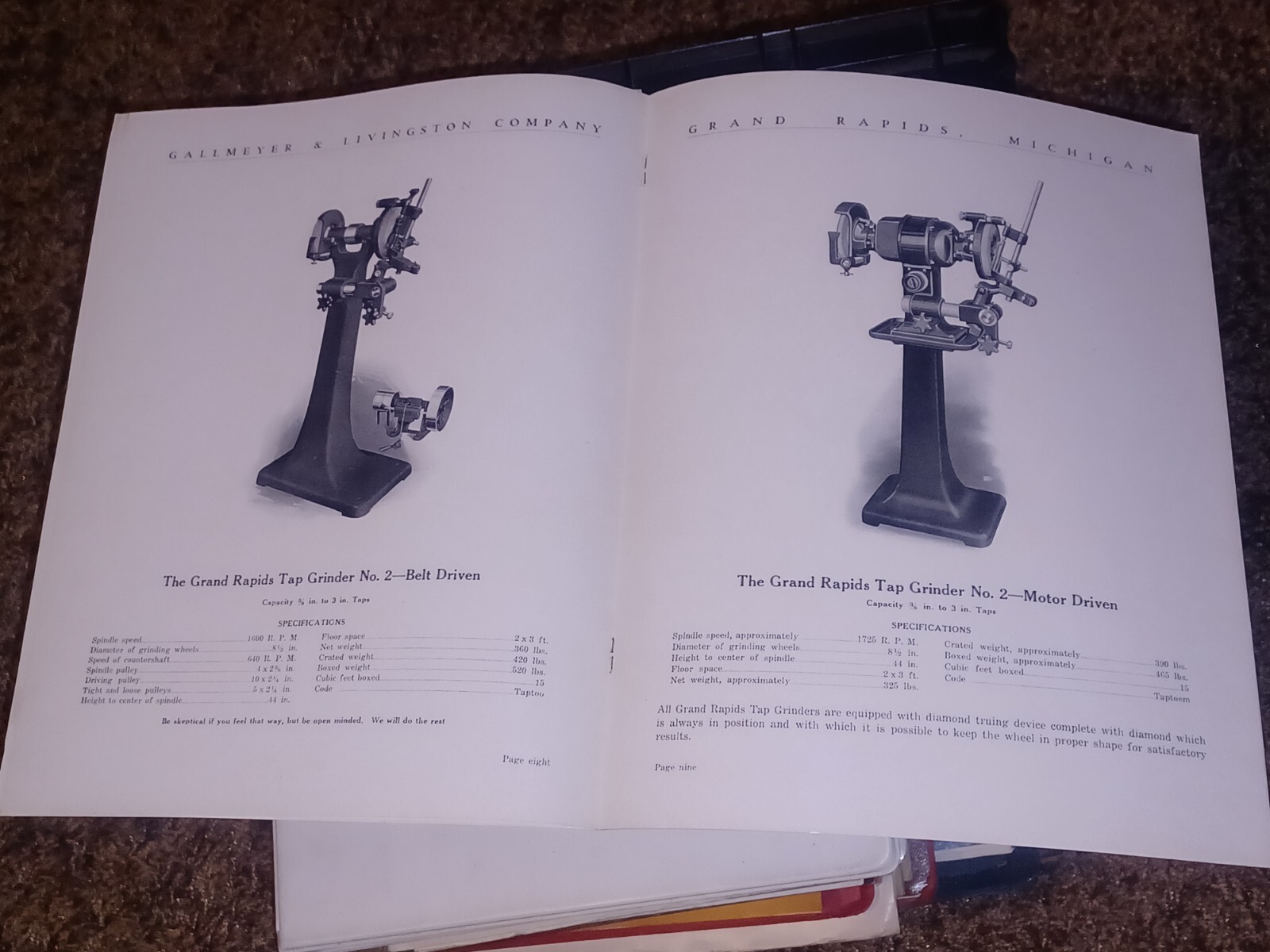 GALLMEYER & LIVINGSTON GRAND RAPIDS Michigan Tool TAP GRINDERS Catalog Book VTG