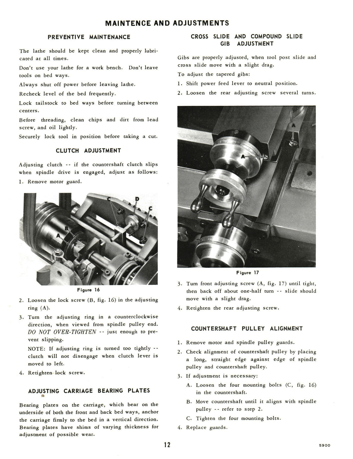Clausing 12″ Lathe 5900 Series sn 501598 to 502099 Instruction & Parts #1373
