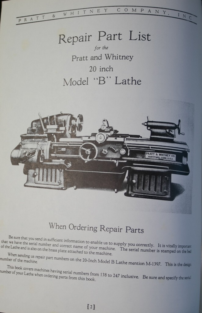 PRATT & WHITNEY 20 inch Model B Lathe Parts Manual