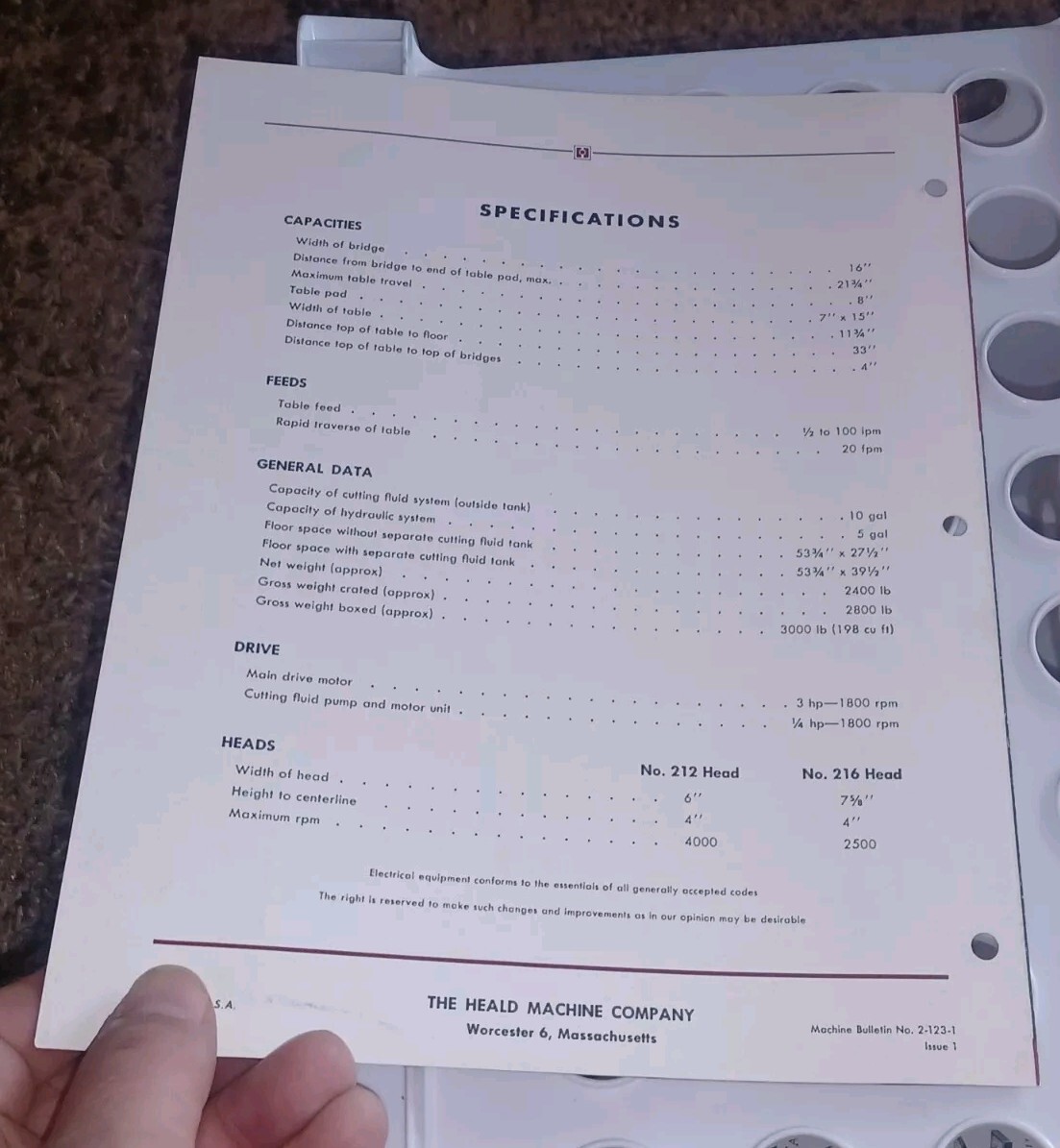 HEALD COMPANY Sales Catalog MODEL 123 BORE-MATIC PRECISION FINISHING MACHINES