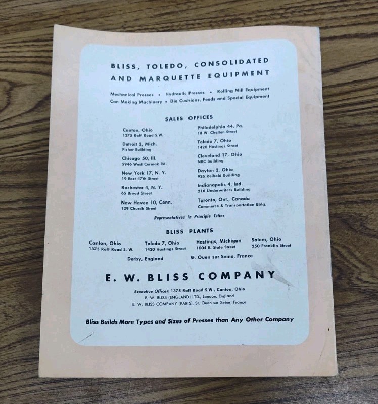 E.W. Bliss Co. Hydo-Dynamic Presses Machine Catalog Brochure Vtg Industrial