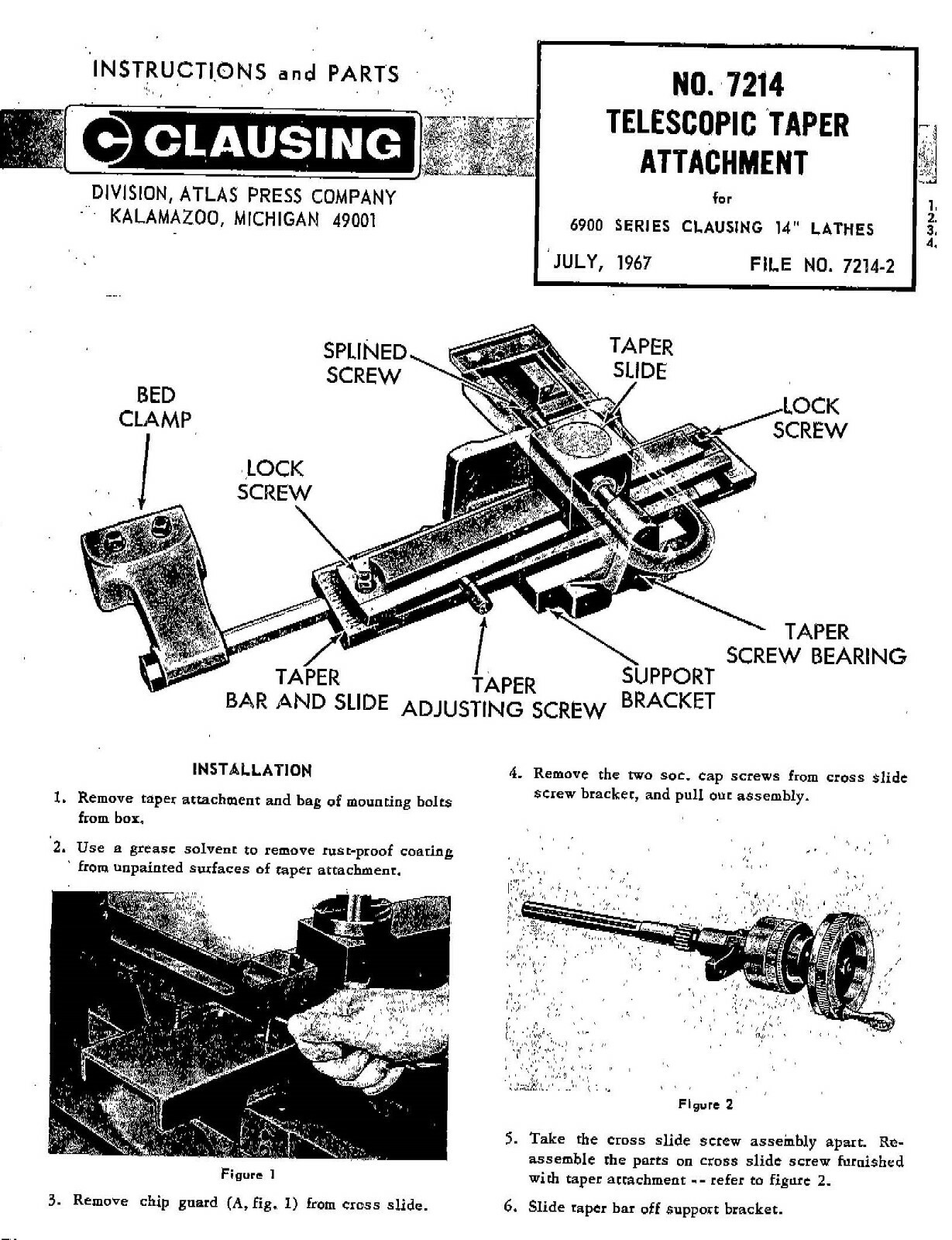 7124 Lathe Instruction Manual Clausing 14 in 7124 Taper Attachment 6900 Series