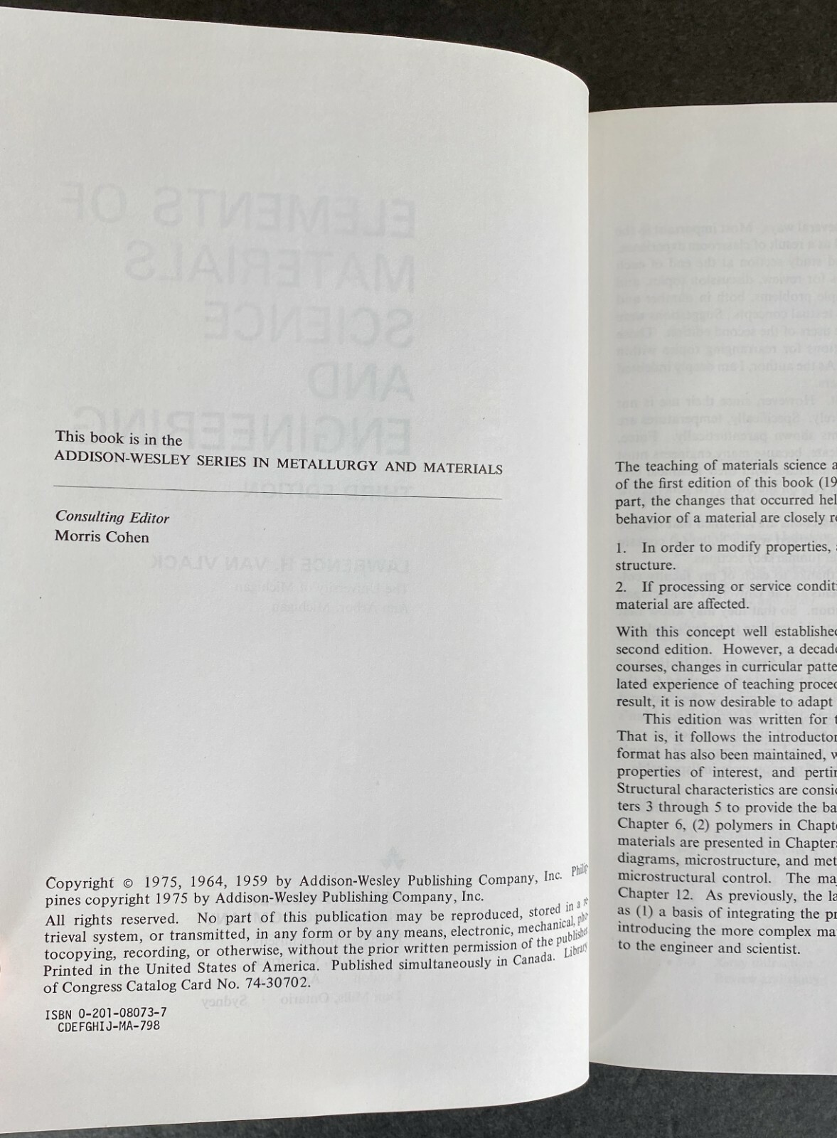 ELEMENTS OF MATERIALS SCIENCE & ENGINEERING (1975, HC, 3rd Edition) Van Vlack