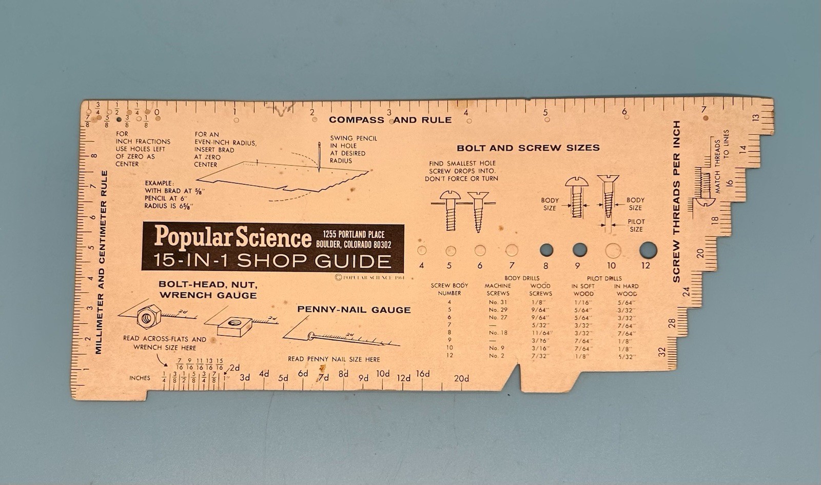 Vintage Popular Science 15-In-1 Shop Guide Tool Gauge Ruler Drill Screw Chart