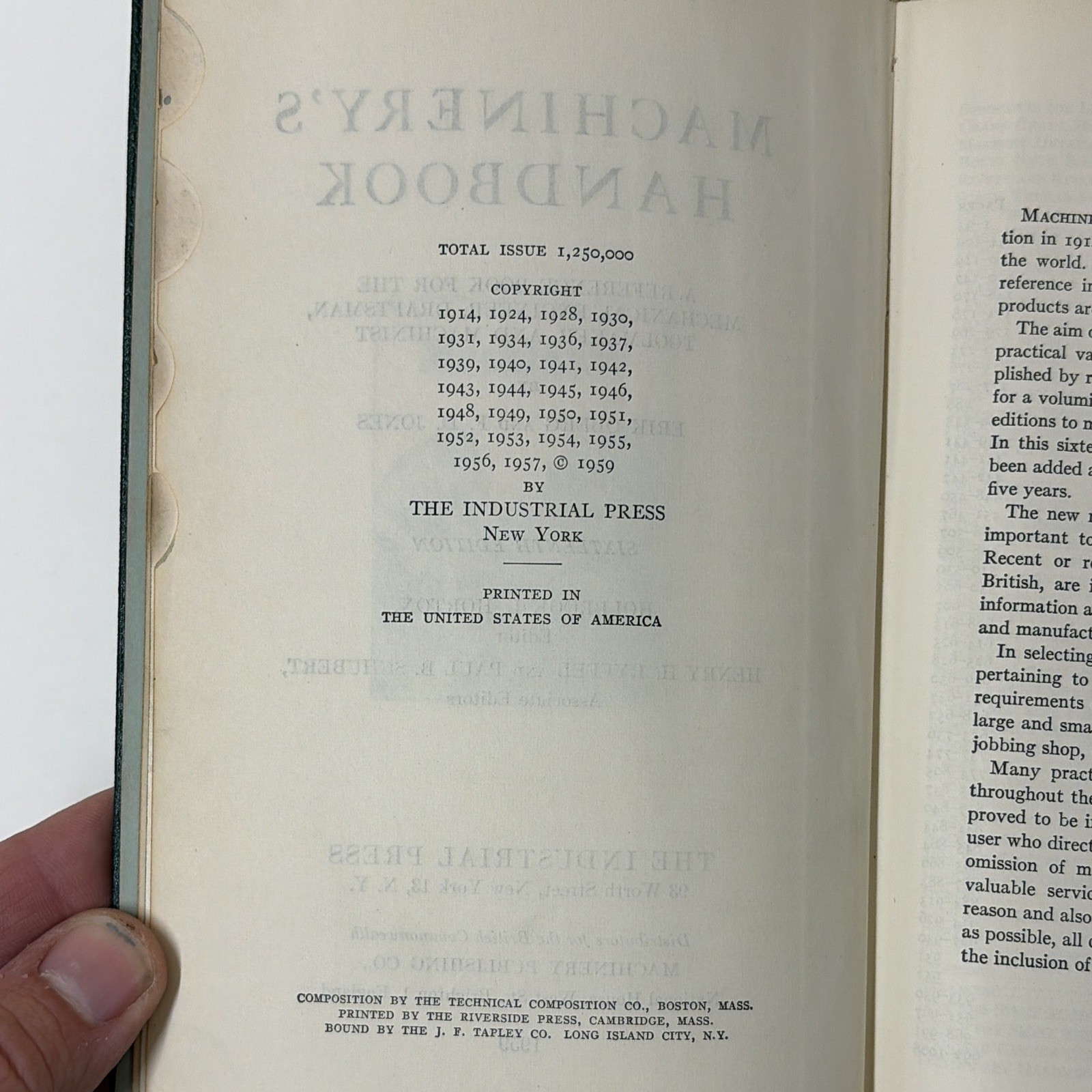 The Industrial Press Machinery’s Handbook 16th Edition 1959 Hardcover Machining