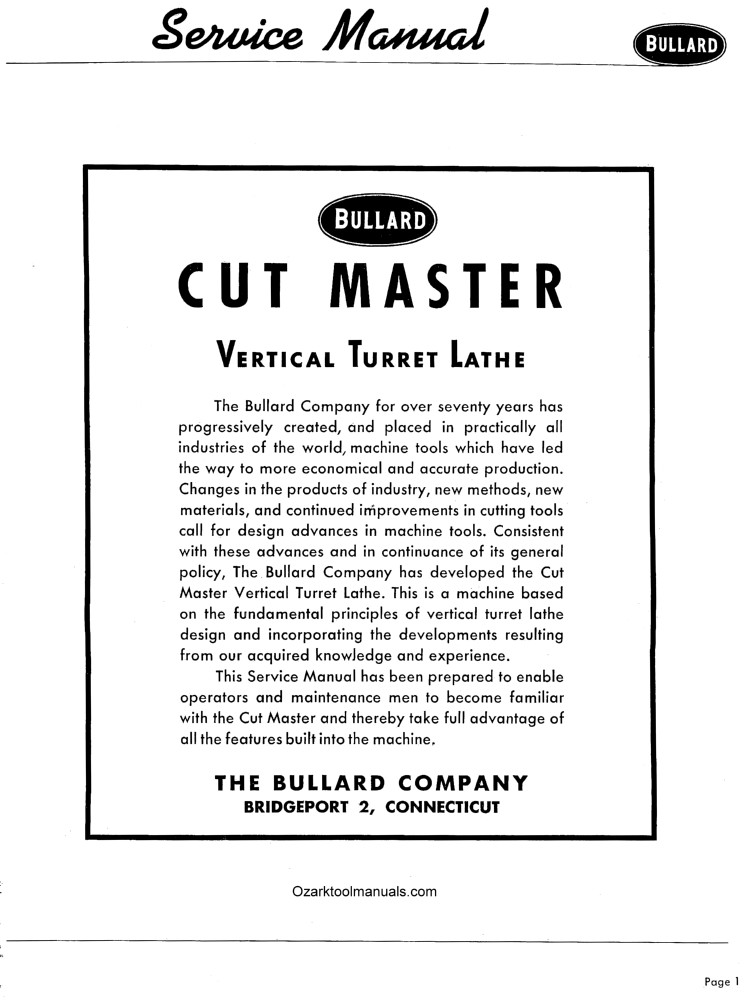 Bullard Cut-Master Vertical Turret Lathe VTL Operation Service Parts Manual 1591
