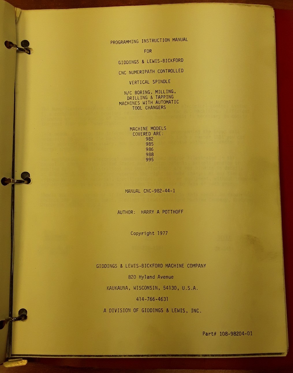 Giddings&Lewis CNC 982-44-1 Programming Instruction Manual