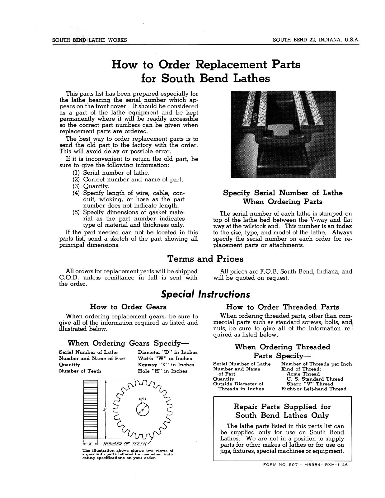 South Bend 9″ Model B Lathe 12 Speed Replacement Parts Manual #1175