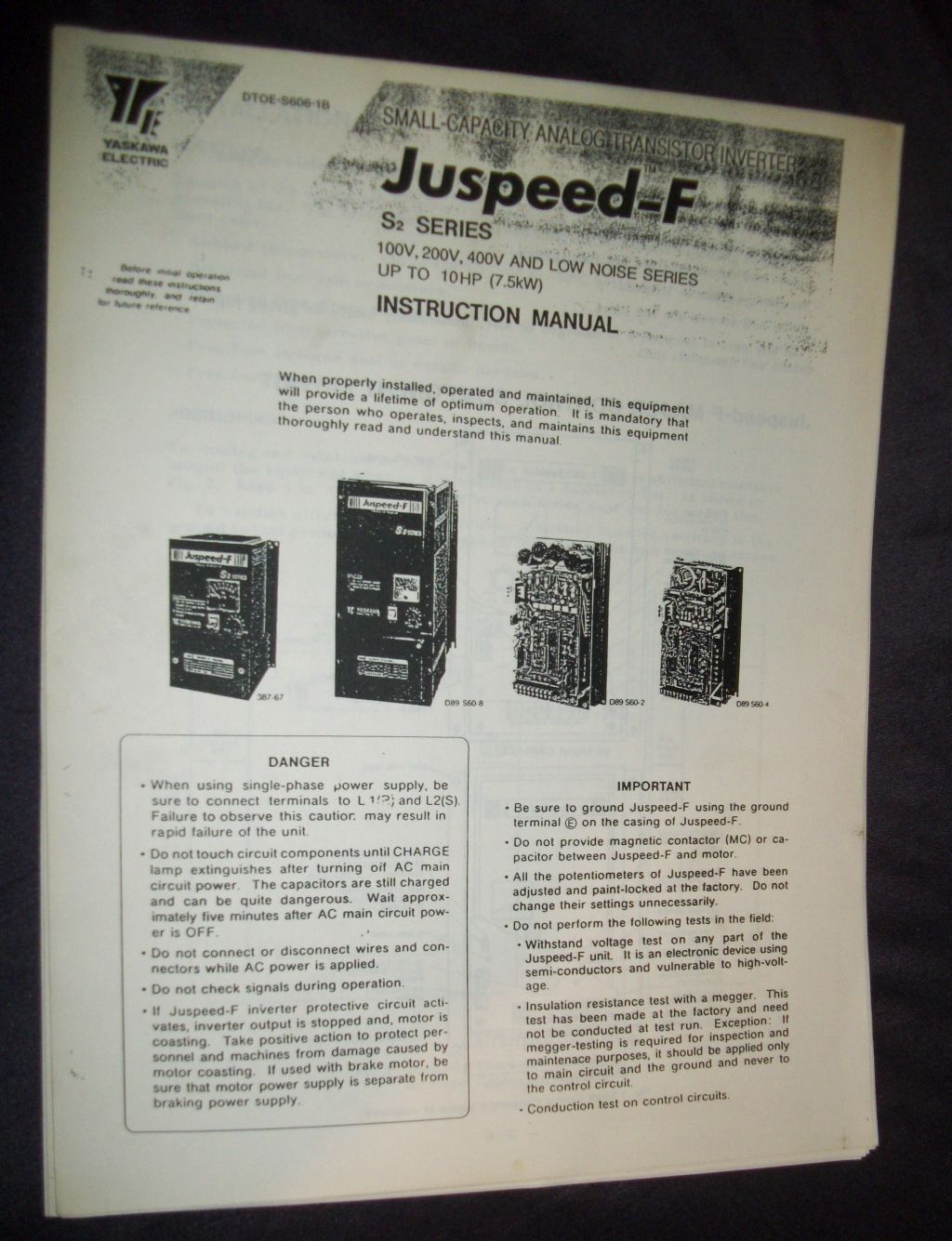 YASKAWA YASNAC Juspeed-F S2 Series 100V, 200V, 400V Instruction Manual