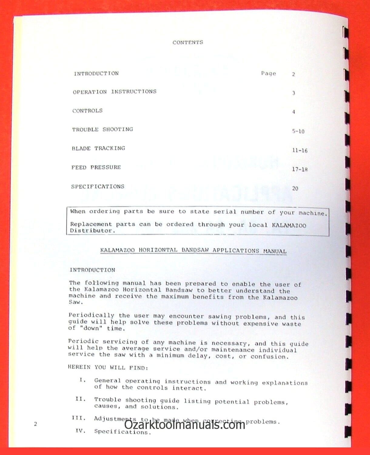 KALAMAZOO 7A,8A,9A,13A Band Saw Applications Service Maintenance Manual 0409