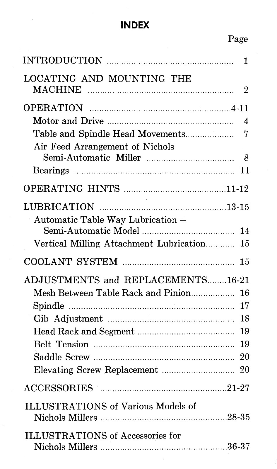 NICHOLS Horizontal Milling Machine Owner Operator’s Handbook Manual 0489
