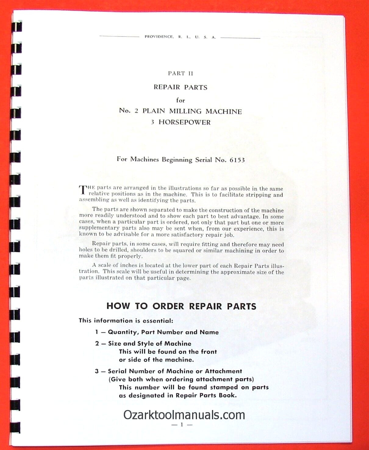 BROWN & SHARPE No. 2 Plain Horizontal Milling Machine Parts Manual 0102