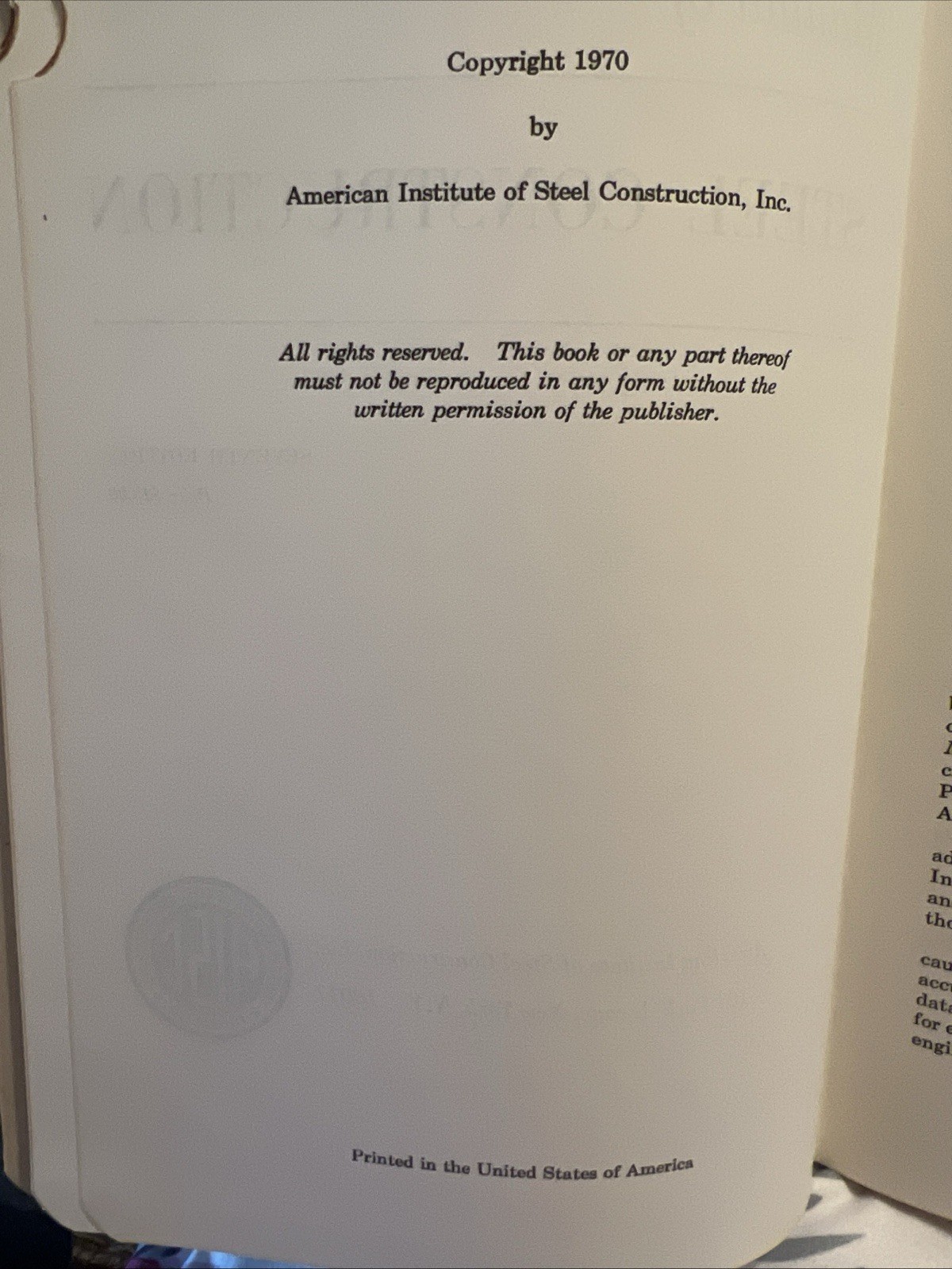AISC 7th Edition “Manual Of Steel Construction” Copyright 1970