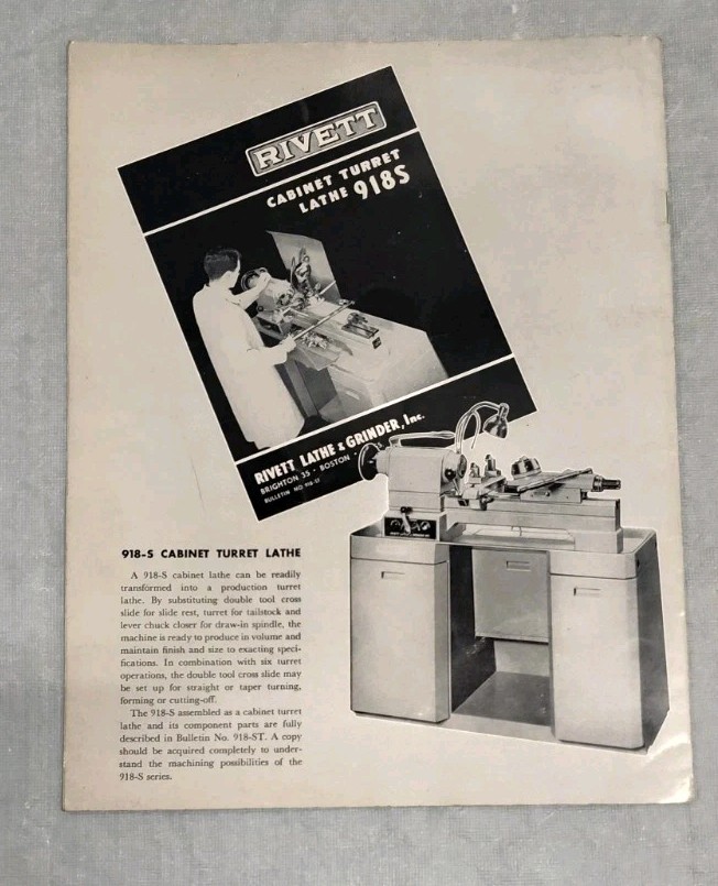 Rivett Inc Cabinet Turret Lathe 918S Brochure Bulletin Vtg Industrial Boston MA