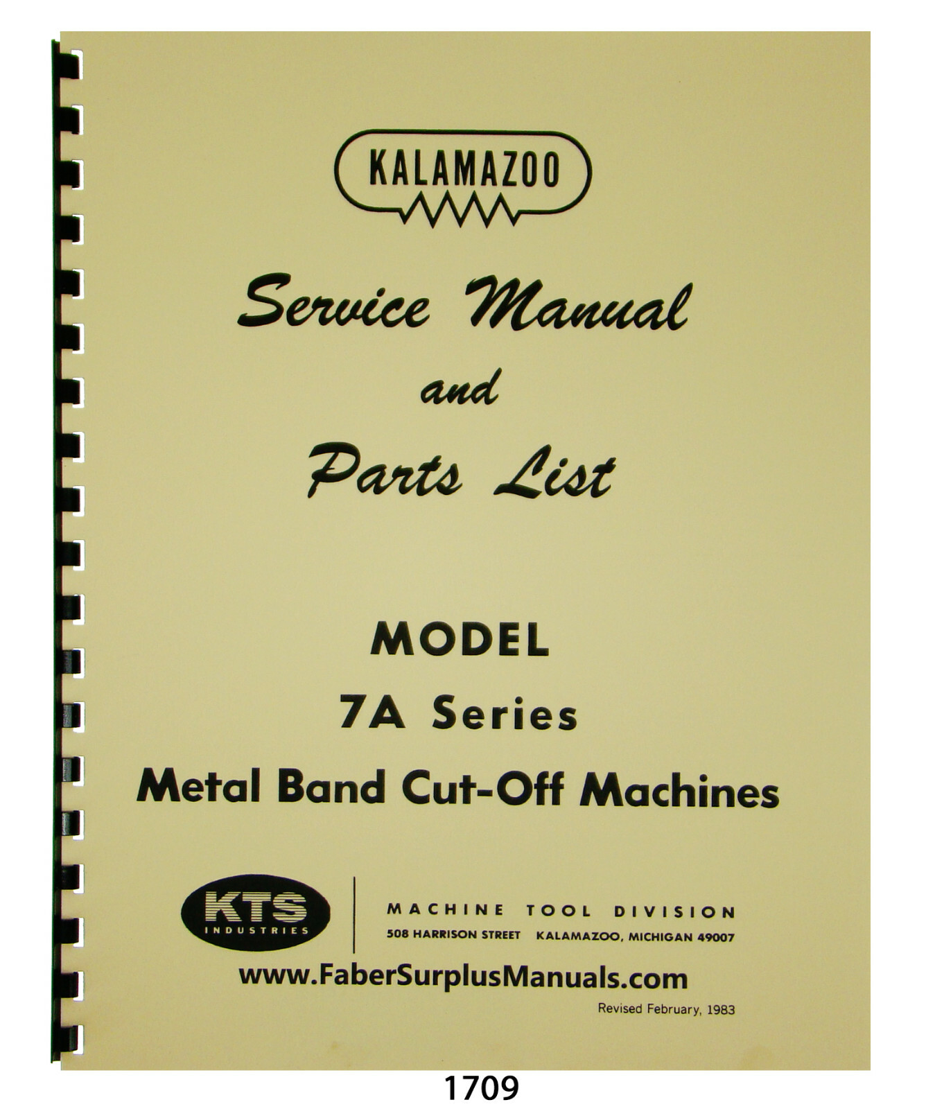 Kalamazoo 7A Series Horizontal Bandsaw Service Manual & Parts List #1709