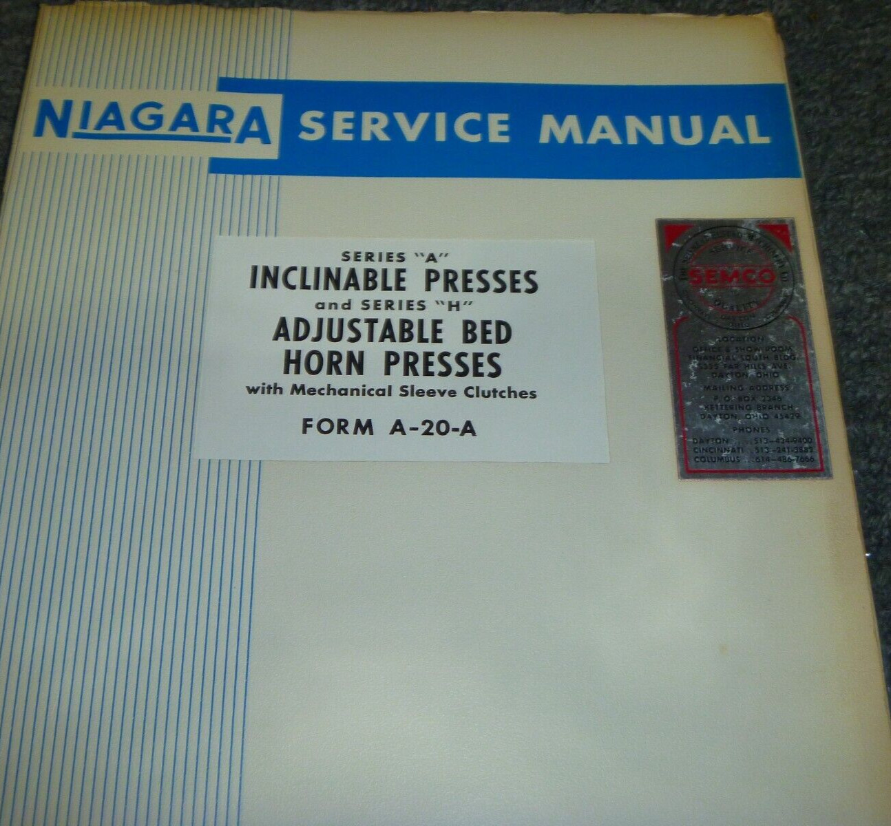 Niagara Series “H” Adjustable Bed Horn Press Service Repair Manual Form A-20-A