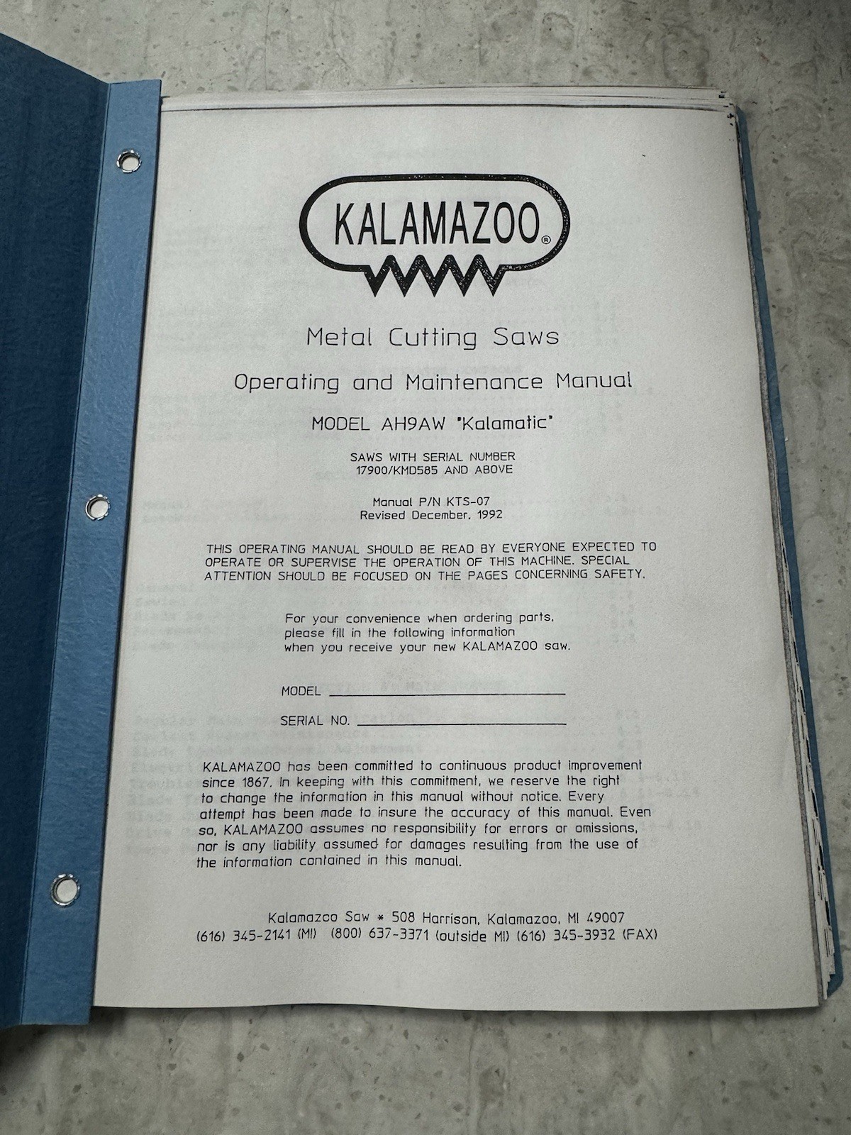 Kalamazoo Metal AH9AW Kalamatic Cutting Saw Owner Operator Maintenance Manual