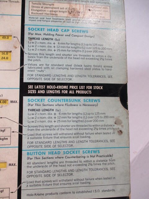 HOLO-KROME Bolt / Socket Head Screw Selector Slide Calculator # 273, Set Screws