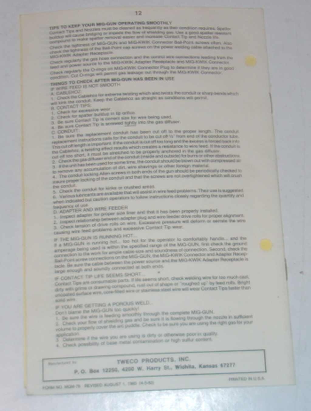 Tweco Mig Gun Installation & Operating Manual- Mods No. 1,2,3,4, and 5,