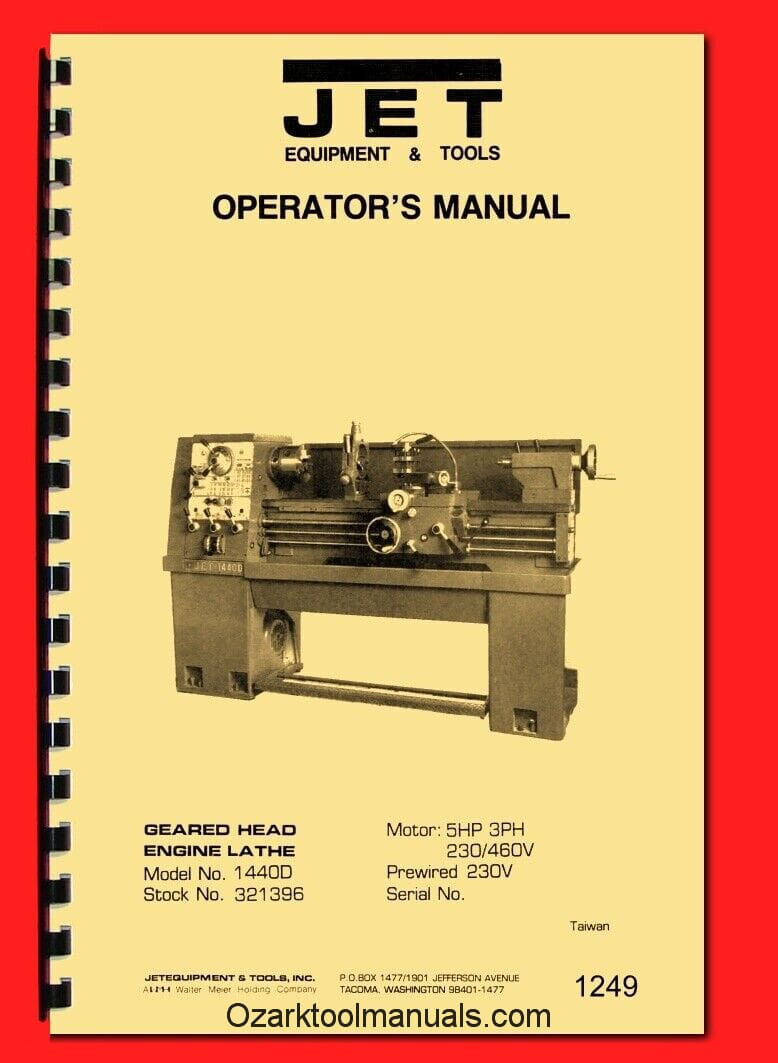 JET 14×40 Metal Lathe Model 1440D Dashin Studturn Instructions Parts Manual 1249