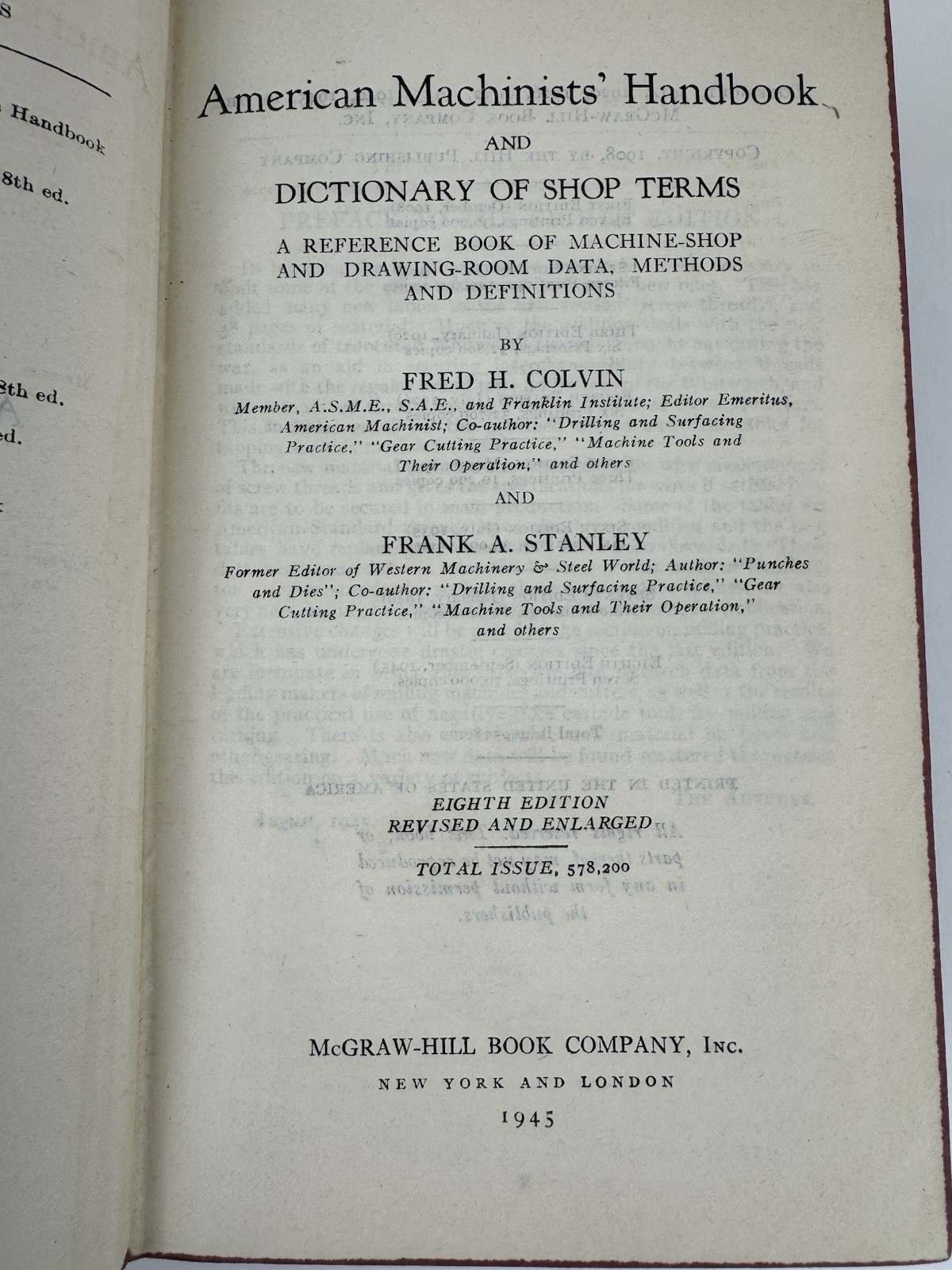 Vintage 1945 American Machinist Handbook Colvin & Stanley 8th Edition Guide