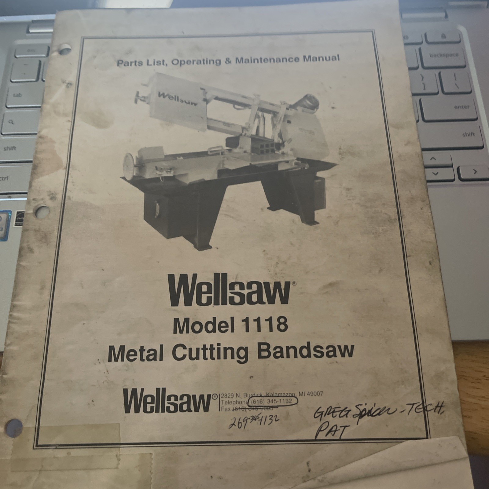 Wellsaw Model 1118 Metal Cutting Bandsaw PartsList, Operating&Maintenance Manual