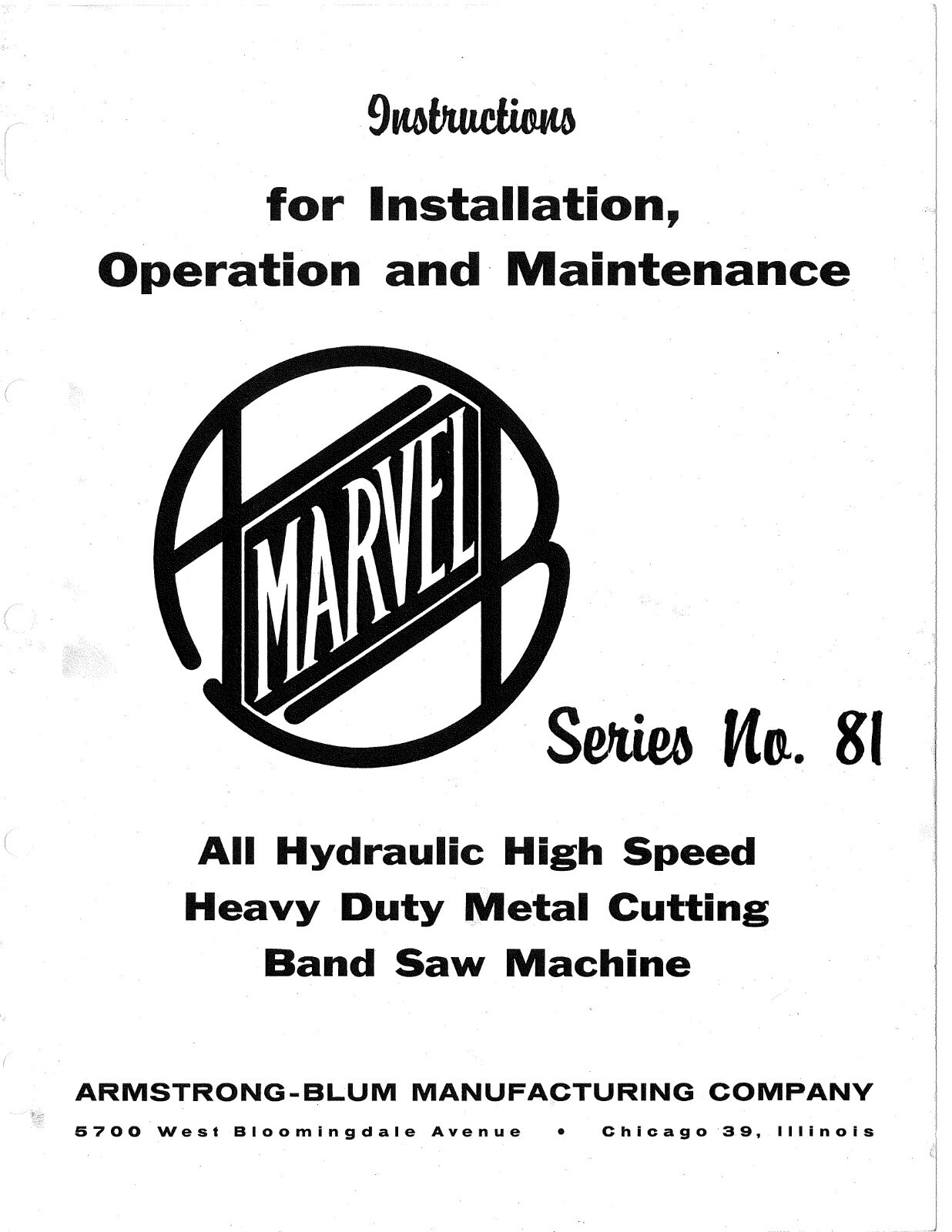 Metal Cutting Band Saw Operator Manual Marvel Hydraulic High Speed Heavy Duty 81