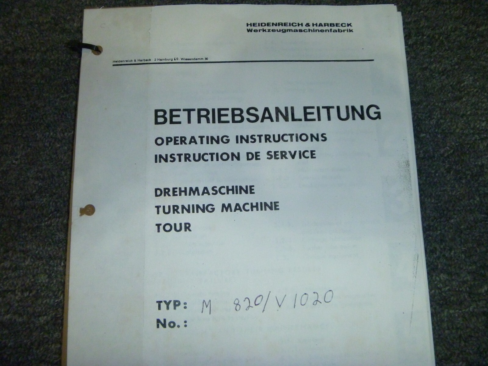 Heidenreich & Harbeck M820/V1020 Turning Machine Owner Operator Manual